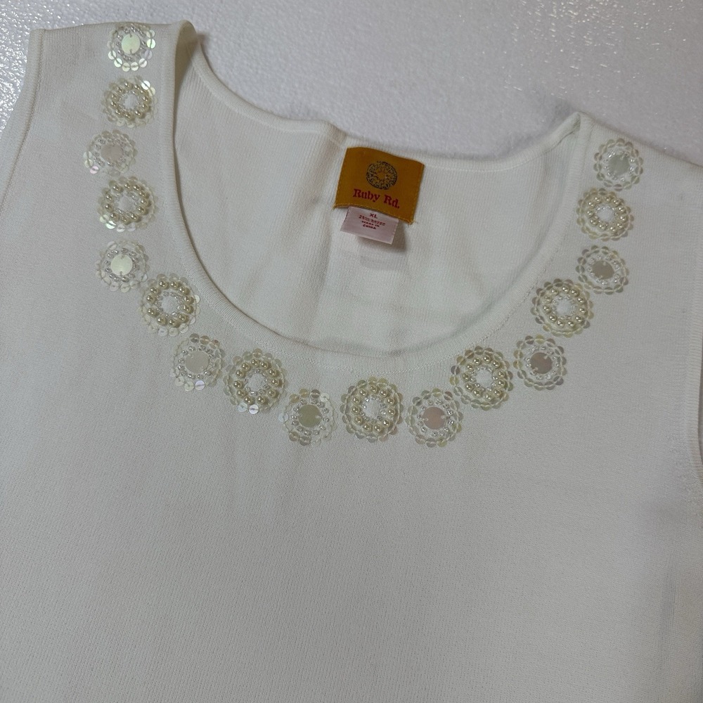 Ruby Rd Women's White Beaded Tank Top Shirt Size XL Stretch